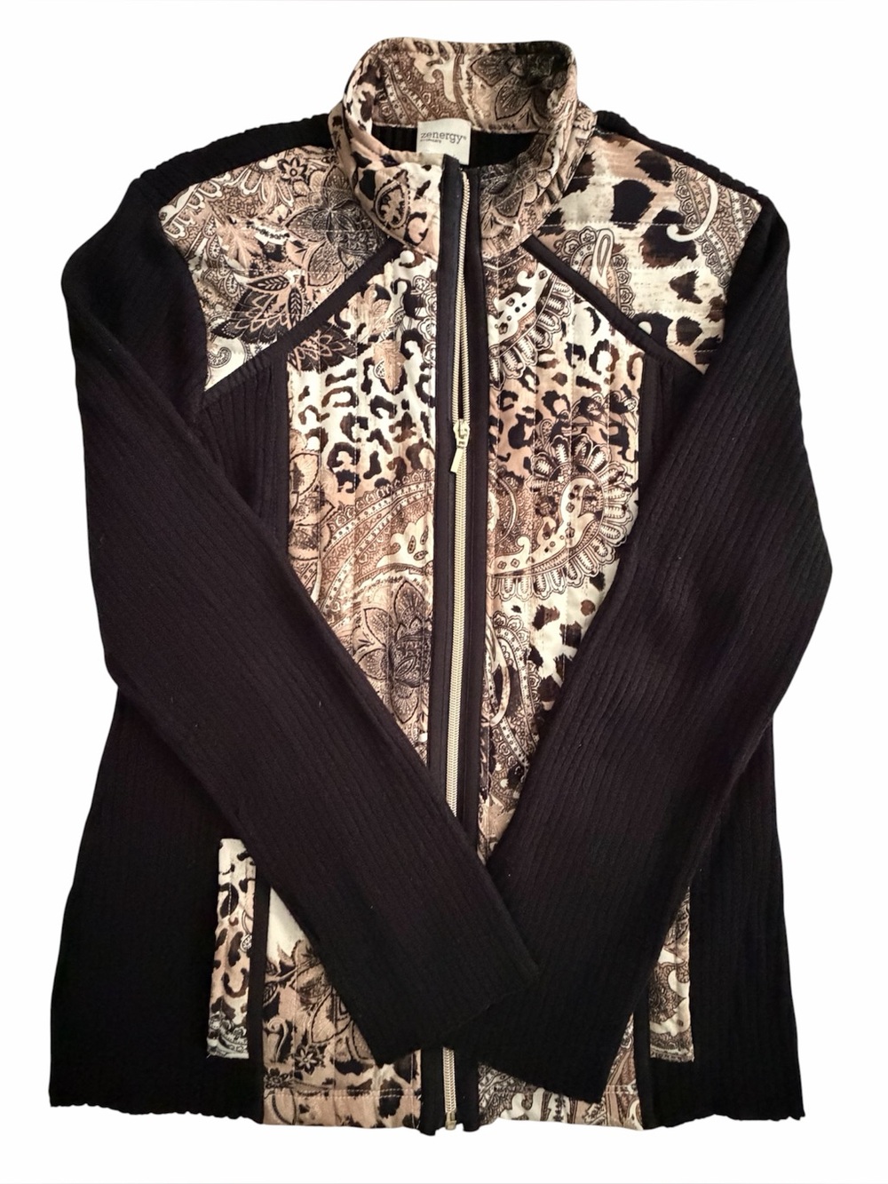 Zenergy by Chico’s Sweater Jacket with Animal Paisley Print Panels